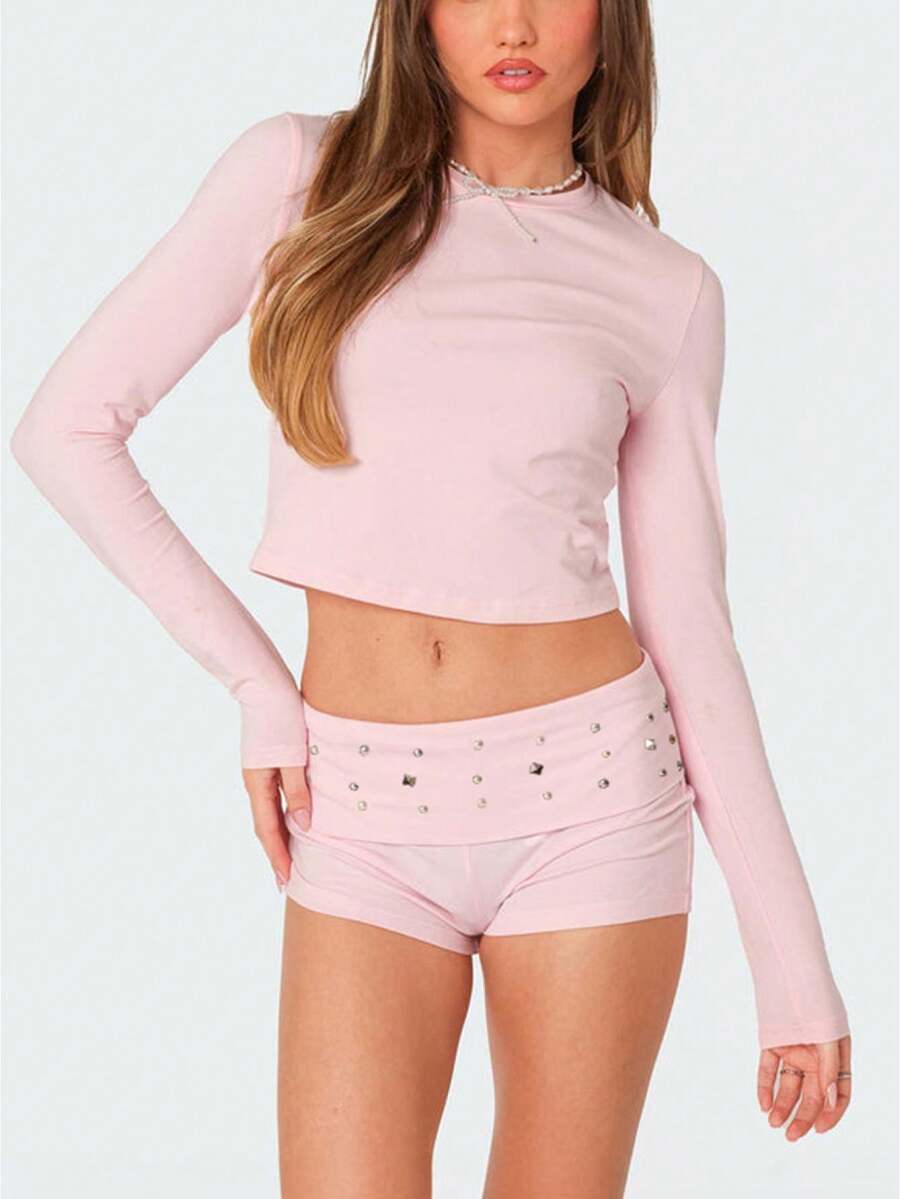 Women Fold Over Waist Shorts Stylish Rivet Studded Low Rise Slim Fit Mini Shorts for Beach Daily Wear - Rosa - Ver 1