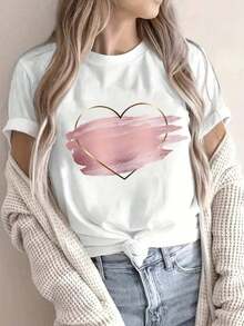 Camiseta Casual de Verano de Manga Corta para Mujer - Estampado de Corazón Dorado Brillante y Rosa, Patrón Geométrico, Tela Suave y Transpirable, Corte Holgado, Top Diario Dulce, Camisetas para Damas, Comodidad para el Día a Día, Diseño Artístico, Ropa Cómoda, Blusa Elegante, Mujer, Moda, Material Ligero, Blusa Estampada, Amantes de la Modablusas para mujer>ropa - Blanco - Ver 7