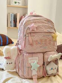 Mochila con colgante de peluche de estrella linda, mochila bordada de estilo femenino, mochila de gran capacidad para estudiantes de secundaria/preparatoria - Multicolor - Ver 16