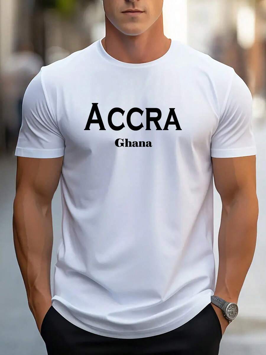 Limited Edition Men's T-Shirt, Bright Orange, With ACCRA Ghana Print - Lightweight Short Sleeve Crew Neck T-Shirt, Suitable For Casual Streetwear And Formal Occasions, Essential For African Business Casual Outfits, Eye-Catching Print Design, Comfortable Fit, Short Sleeve Top, A Choice For Enthusiasts, Urban Style, Fashion Top, Breathable Fabric, Printed T-Shirt, Youthful Style, Lightweight Cotton. - 白色 - 查看 1