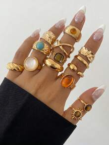 14pcs Vintage Exaggerated Metal Geometric Waterdrop & Cat Eye Stone Ring Set, Asymmetrical Twisted Rings Suitable For Women Daily, Festivals, Celebrations, Gifts - Gold - View 2