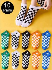 1 par/5 pares/10 pares de nuevos calcetines de tobillo con patrón de tablero de ajedrez de colores, calcetines invisibles juveniles y enérgicos - Multicolor - Ver 8