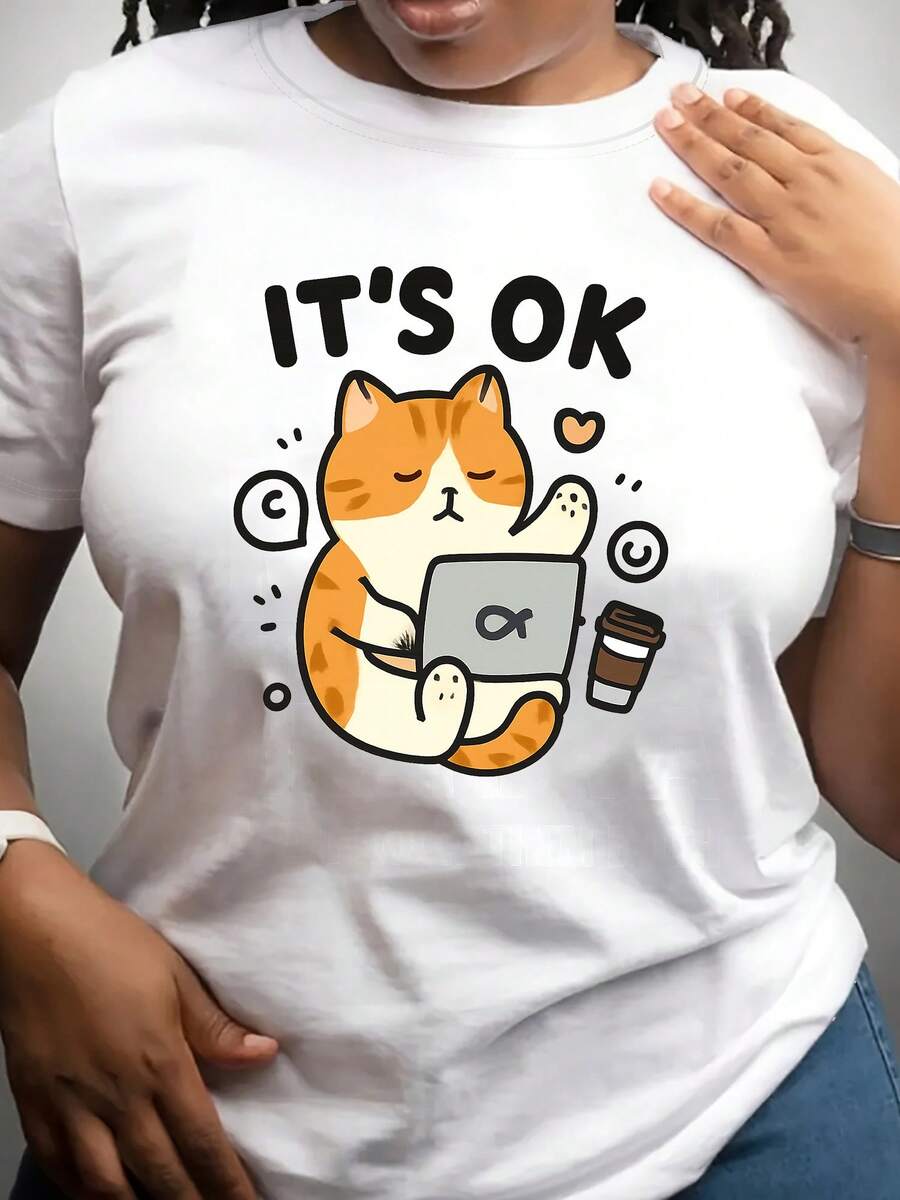 Women's Casual Top. Women's T-Shirt With A Funny Cat Meme "No Problem" For The Office - Short-Sleeved, Crew-Neck Casual Top Made Of 180g Milk Yarn, Medium Stretch, Machine Washable For Spring, Summer, And Fall. Cat T-Shirt, Spring Fashion, Cartoon Print T-Shirt, Stretchy Fabric. A Must-Have For Everyday Casual Wear. - 白色 - 查看 1