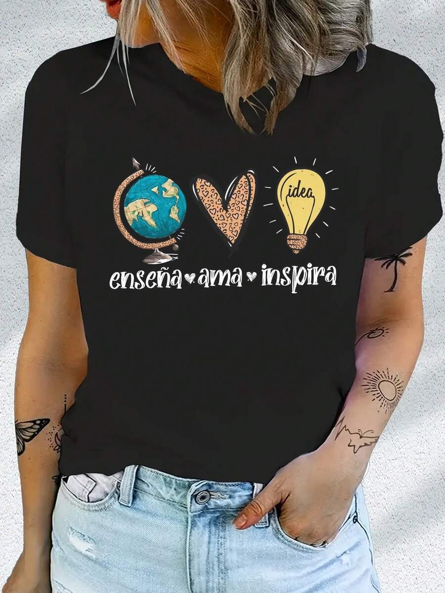 Casual Short-Sleeved Round Neck T-Shirt With Print, Suitable For Summer And Autumn, Women's Clothing - Unisex Loose-Fitting Cotton Short-Sleeved Round Neck T-Shirt In Urban Vintage Style. - 黑色 - 查看 1
