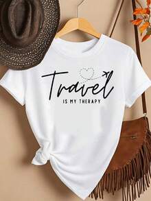 Women's Short Sleeve Cotton Crew Neck T-Shirt - Traveling Is My Therapy, Travel - Fashionable Printed T-Shirt For Women, Spring/Summer, Your Best Choice! Simple T-Shirt For Everyday Wear - 白色 - 查看 1