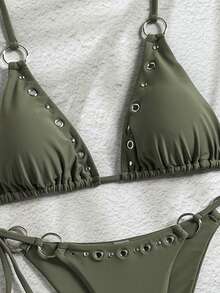 Đồ bơi bikini nữ phong cách Bohemian, họa tiết hình học & hoa nhiệt đới, buộc trước, dễ thương thanh lịch gợi cảm, mặc thường ngày cho kỳ nghỉ hè - Màu xám đen - Xem 4
