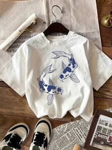 Koi Fish Print T-Shirt For Everyday Wear, Round Neck, Short Sleeve, Harajuku Style, Aesthetic Casual Clothing, Vintage Urban Style, Unisex, Loose Fit, Cotton - 白色 - 查看 4