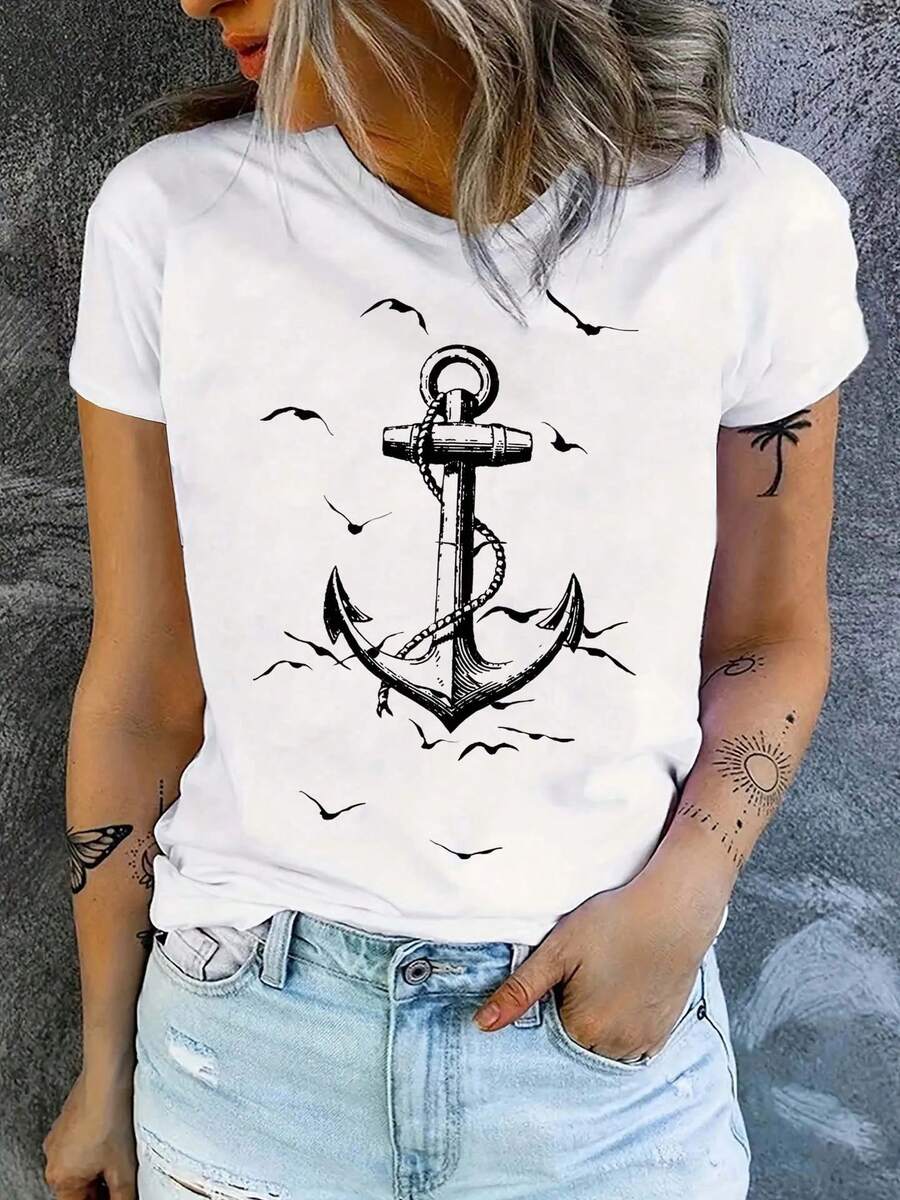 New Women's T-Shirt With Seagull And Hook Print, Casual And Modern Style, Short Sleeve, Soft And Comfortable, Summer Clothes For Women - Urban Vintage Style, Unisex, Loose Fit, Cotton, Short Sleeve, Round Neck. - 白色 - 查看 1
