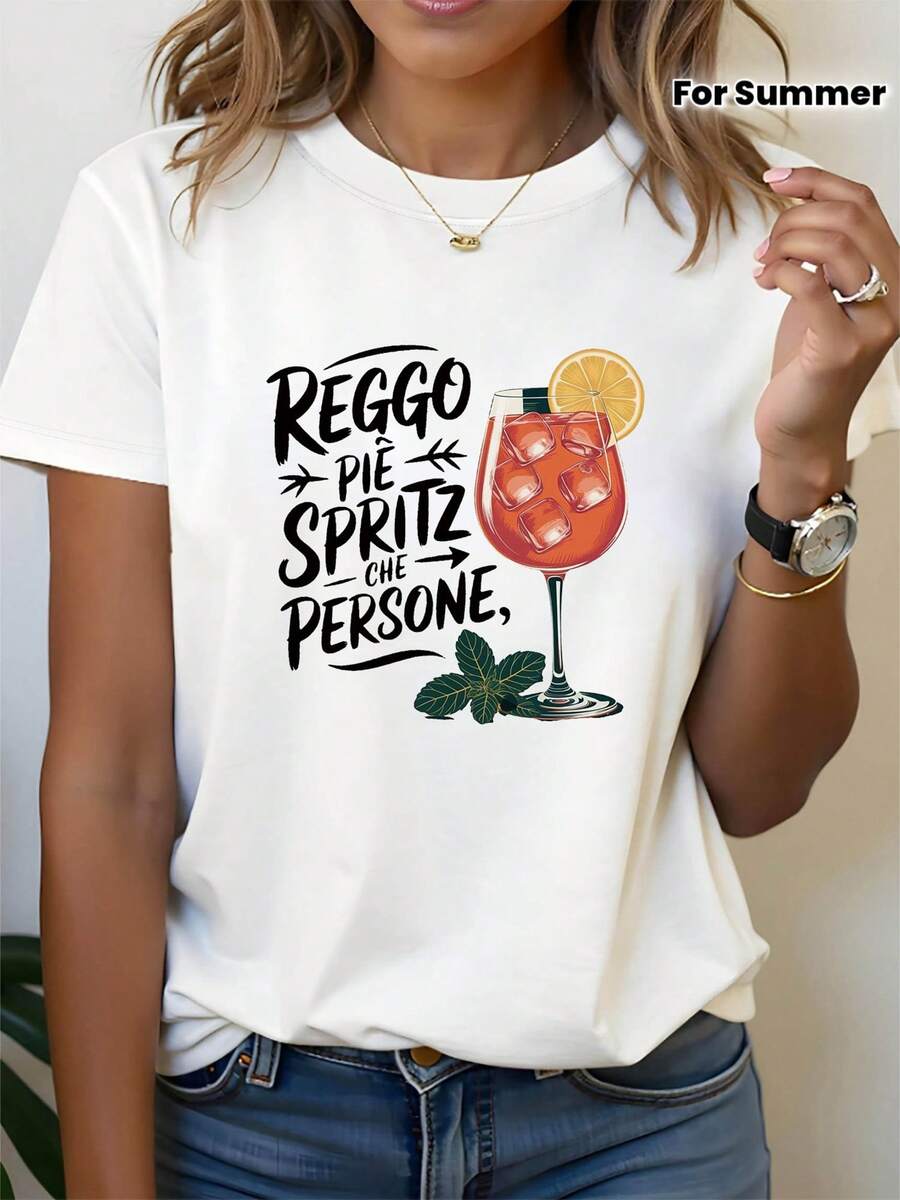 Women's T-Shirt With Italian Phrase "REGGO PIÙ SPRITTO Di Persone" (More Spritz) - Short Sleeve Round Neck, Casual Summer Top For Italian Spritz Drinks, Outfits And Gifts, Italian Clothing For Parties And Casual Wear, Machine Washable - 白色 - 查看 1