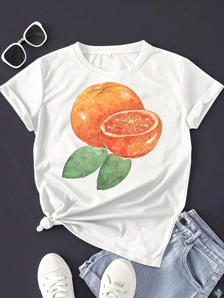 Women's Casual T-Shirt With Soft Orange Tomato Print - Vibrant Citrus And Tomato Design, Loose Fit, Short Sleeve, Round Neck, Summer Top, Breathable And Loose Casual Shirt For Beach Outfits, Casual And Spring/Summer Outfits (Machine Washable) - Clothing For Tomato Lovers With Bright Orange And Green Leaf Patterns, Loose And Comfortable Fit, Digital Print, Suitable For All Seasons, Fashionable T-Shirt For Women. - 白色 - 查看 1