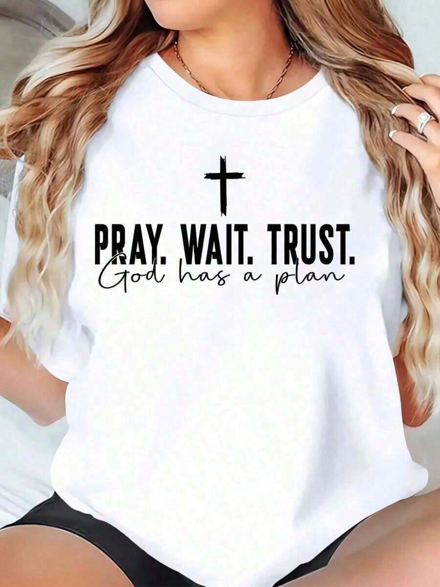 100% Cotton. Women's Christian T-Shirt With "Pray" Print. Wait. Trust. Loose-Fitting T-Shirt With "God Has A Plan" Cross Print For Religious Gifts, Religious Wear, Easter, Christmas, And Everyday Wear. 100% Cotton. All Designs Are Printed. Unisex. Simple Solid-Color Women's T-Shirt, Loose And Fitted, Casual Short-Sleeve Style. - 白色的 - 查看 1