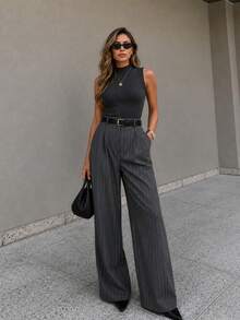 Striped Tailored Wide Leg Pants - Gris Oscuro - Ver 1