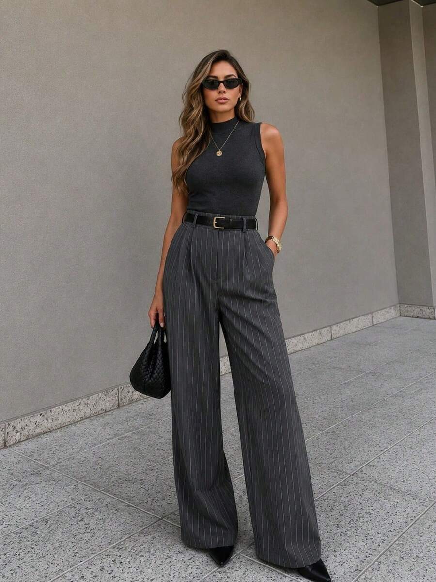 Striped Tailored Wide Leg Pants - Gris Oscuro - Ver 1