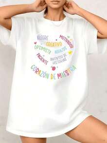 Women's GiftCamia With Positive Words And Heart Graphic Print, Teacher's Heart, 100% Cotton, Crew Neck, Casual Style, 1 Piece. Excellent Gifts For Friends And Family - Unisex Vintage Urban Style Camia, Loose Fit, Cotton, Short Sleeve, Crew Neck. Soft - 白色的 - 查看 1