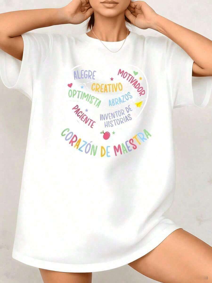 Women's GiftCamia With Positive Words And Heart Graphic Print, Teacher's Heart, 100% Cotton, Crew Neck, Casual Style, 1 Piece. Excellent Gifts For Friends And Family - Unisex Vintage Urban Style Camia, Loose Fit, Cotton, Short Sleeve, Crew Neck. Soft - 白色的 - 查看 1