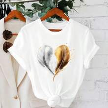 Women's Cotton T-Shirt, Sizes M-5XL, Casual Loose Fit, Round Neck, Short Sleeve, Heart And Feather Print, Gold And Silver Graphic, Comfortable Top For Everyday Wear, Soft Women's Clothing - 白色 - 查看 7