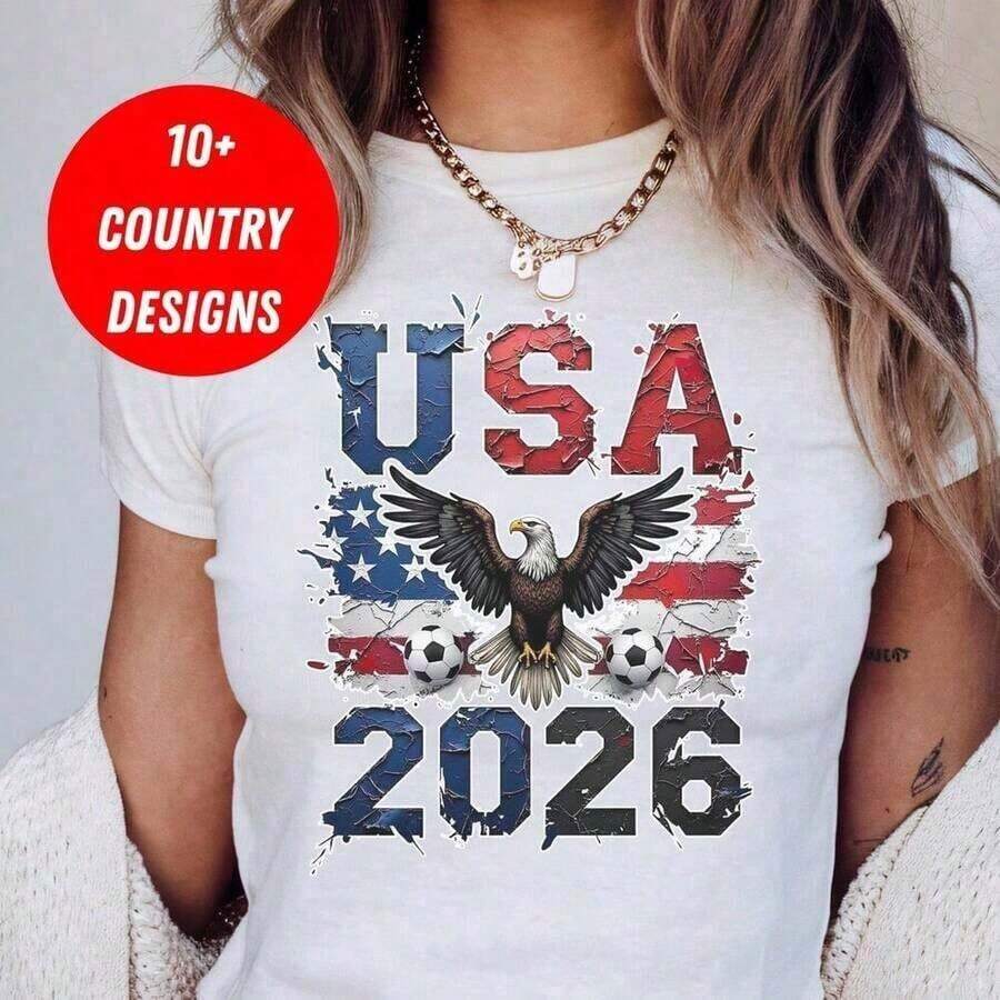 Women's Summer Outfits, Gifts For Mothers, Personalized T-Shirt For The 2026 World Cup, Comfortable T-Shirt For USA, Canada, And Mexico Match Day, Blue Tops, Women's Summer Clothes - 白色 14 - 查看 1