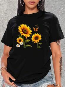 Soft And Breathable, This T-Shirt Is Made Entirely Of Pure Material, Suitable For All Seasons. It Features A Casual Design, Wicks Away Moisture, And Displays A Print Of Sunflowers, Butterflies, And Daisies. It Is Machine Washable And Has A Crew Neck With A Graphic Design. New Arrival. - 黑色 - 查看 1