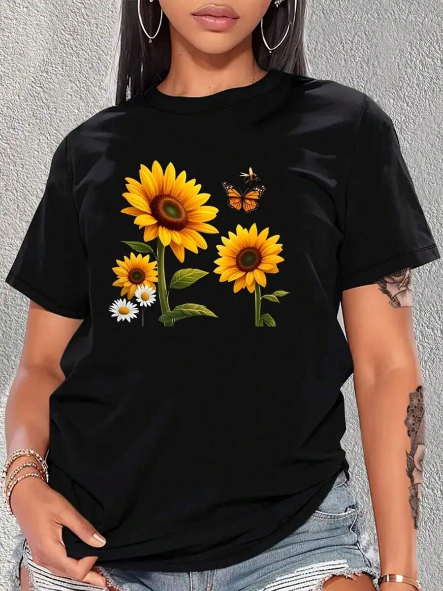 Soft And Breathable, This T-Shirt Is Made Entirely Of Pure Material, Suitable For All Seasons. It Features A Casual Design, Wicks Away Moisture, And Displays A Print Of Sunflowers, Butterflies, And Daisies. It Is Machine Washable And Has A Crew Neck With A Graphic Design. New Arrival. - 黑色 - 查看 1