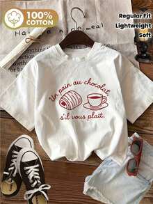 Women's French-Inspired T-Shirt With "Un Au Chocolat Si Vous Plait" Graphic Of A Chocolate Croissant And Coffee Cup - Casual Short-Sleeve Crew Neck Top, Soft And Breathable, Lightweight All-Season T-Shirt With French Text Design, Machine Washable, Regular Fit For Casual Wear - 白色 - 查看 1