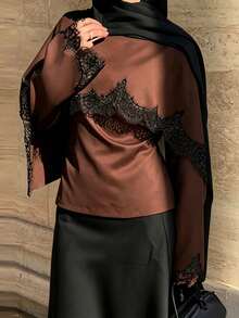 Middle Eastern Arabic Women's Lace Patchwork Round Neck Long Sleeve T-Shirt, Versatile Top, Spring Summer Autumn Vacation - Brown - View 5