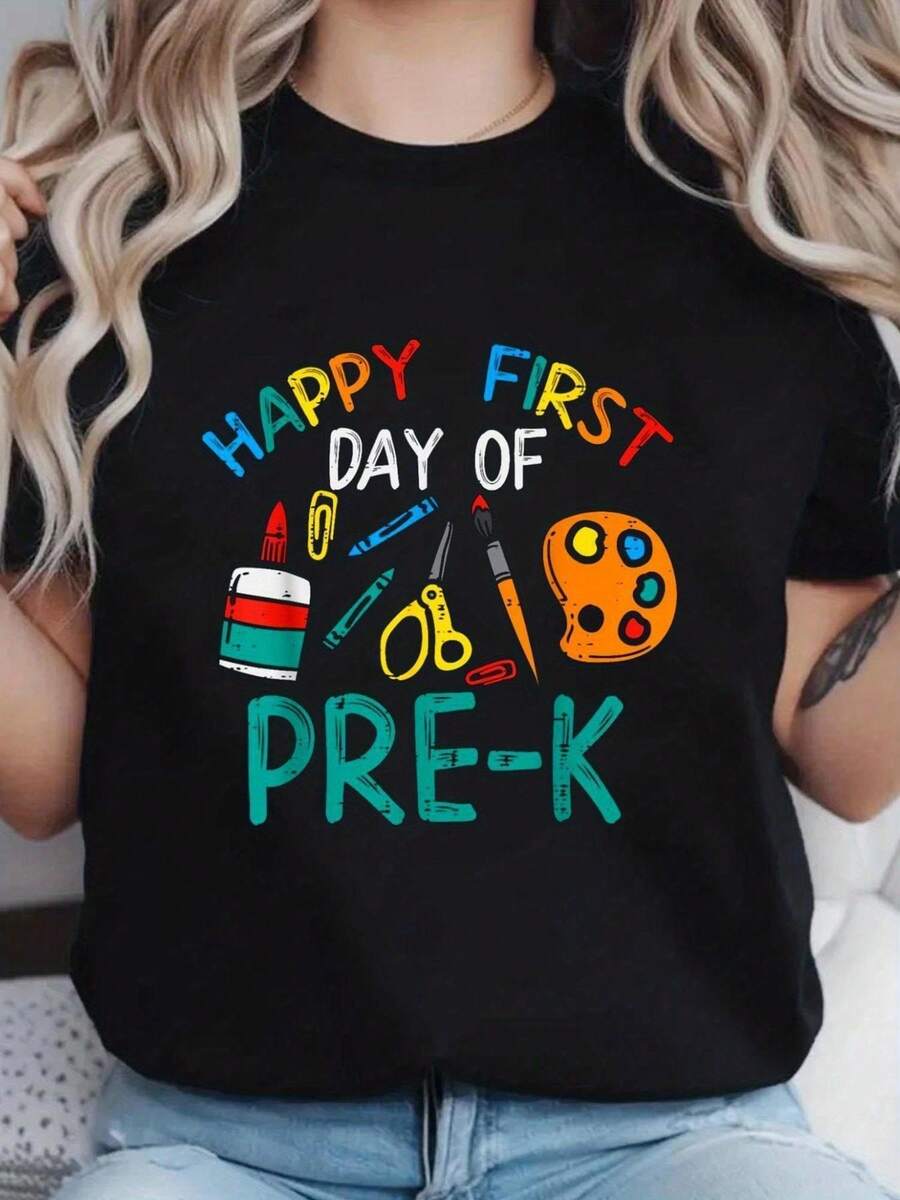 Women's Casual Sports T-Shirt HAPPY FIRST DAY OF PRE-K - Black Crew Neck T-Shirt, Elastic And Machine Washable, For All Seasons, With Comfortable Fit For A Fun And Festive Look. - 黑色 - 查看 1