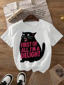 One Versatile Plus-Size Women's Top Featuring The Inscription "FIRST OF ALL, I'M A DELIGHT" And A Cat Print, This , 100% Pure Cotton Short-Sleeve Top Is Perfect For Spring And Summer. It's A Stylish One-Piece Party Top. It's Currently Available For Free. My Recently Purchased Items... Orders Not Yet Shipped, Qqq, Women's Clothing, 10330 Women's Summer Sets, Korean Fashion HIEO - 白色 - 查看 5
