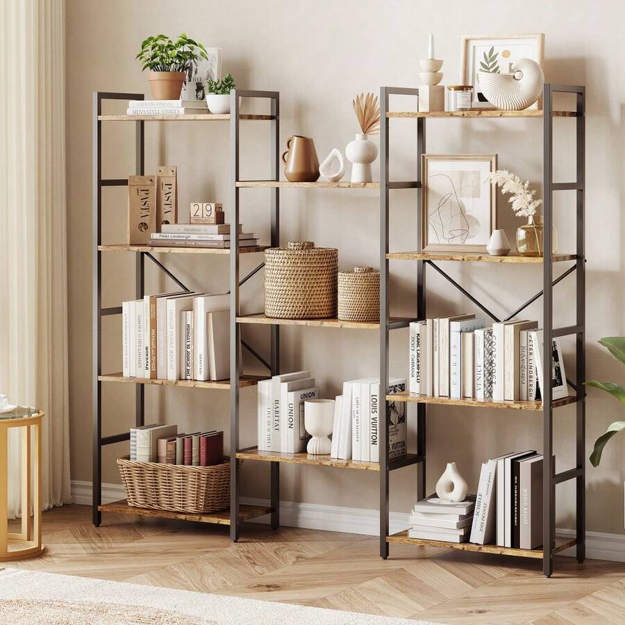 Hodeffior Bücherregal Im Industrial Stil 4 Etagen, Extra Breites Standregal Mit 11 Offenen Fächern, Bücherregal Metall Holz In Vintage Optik, Für Wohnzimmer, Arbeitszimmer, Büro Und Home Office - Braun - Übersicht 1