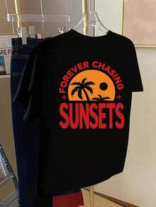 | Exquisite Design | Loose And Comfortable | Easy To Match | Short-Sleeved Printed T-Shirt With Designs On The Front And Back - Always Chasing The Sunset - Fashionable Printed T-Shirt For Women, Spring/Summer,  Item, Versatile And Casual. - 黑色 - 查看 2