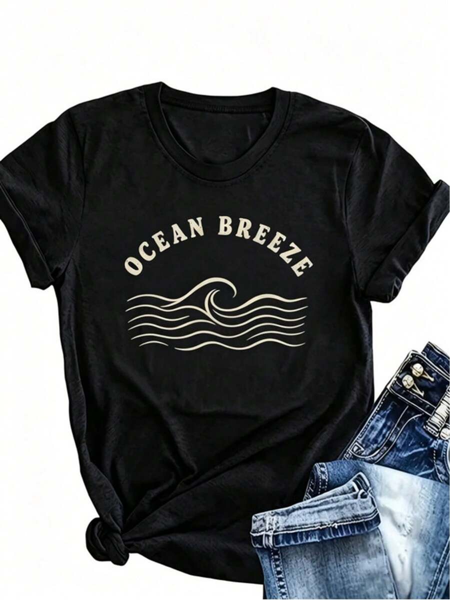 Women's Casual Sports T-Shirt With Round Neck In Black With Gold Graphic OCEAN BREW - Elastic, Machine Washable And Comfortable Fit, For All Seasons, Perfect For Casual Style. - 黑色 - 查看 1