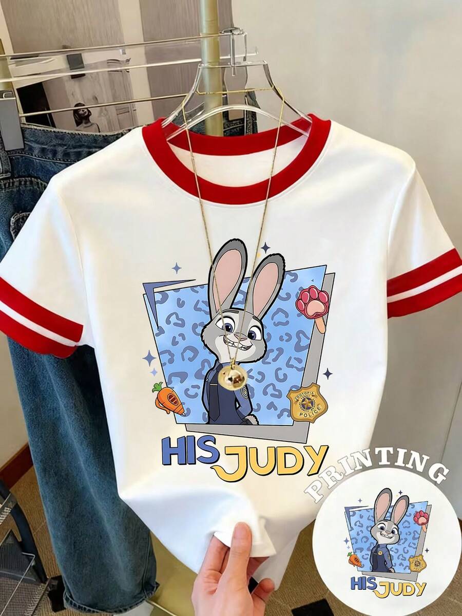 Disney Licensed Women'S Y2K Colorblock Summer T-Shirt With Short Sleeves - Comfortable Crew Neck Top Featuring 'Zootopia' Character Judy Hopps For Daily Use - White - View 1