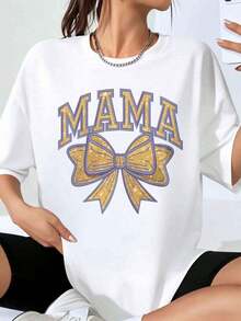 Women's Cheerleader Mom Graphic Tee With Bow, Plus Size, Mother's Day Gift, Casual Wear, Fashion Tee - 白色 - 查看 1
