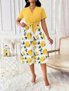 Vestido de mujer con cuello en V y cinturón, manga corta, vestido largo de verano para mujer - Amarillo - Ver 5
