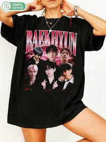 Baekhyunn EXO Idol Vintage Bootleg Graphic 100% Cotton Oversized T-Shirt Y2K Streetwear Unisex T-Shirt For Men And Women - Fans Casual Fashion Top. - Black - View 6