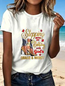 Stepping Into My Birthday With Gods Grace And Mercy T Shirt Fashion Design Religious Statement Women Casual Top Perfect Gift For Special Occasion Birthday Celebration Church Wear Elegant Style Comfortable Fit - 白色 - 查看 1