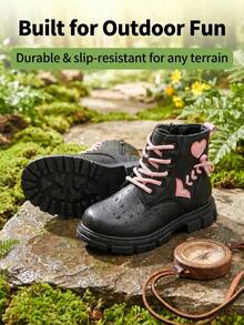 Botas con decoración de corazón para niñas, antideslizantes, duraderas y resistentes al agua, zapatos de caña alta para uso diario de niños - Negro - Ver 4