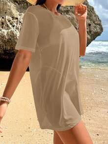 Vestido kaftan de mujer de unicolor con cuello redondo y manga corta, para usar en vacaciones - Caqui - Ver 4