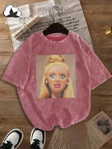 de mujer talla grande con muñeca sorprendida, cuello redondo, manga corta, casual, para primavera/verano/otoño, tops de vacaciones de verano - Rosa Fucsia - Ver 3