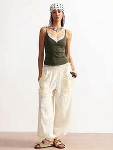 Camiseta de punto de unicolor informal para mujer - Verde militar - Ver 8