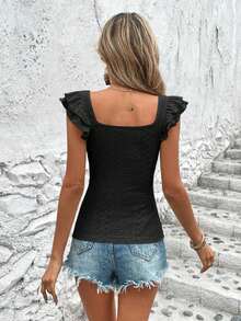 Camiseta con bordado con ojal de manga mariposa de cuello cuadrado - Negro - Ver 2