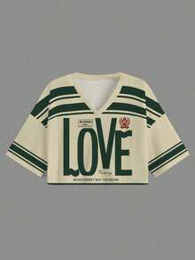 x  Camiseta casual de uso diario con cuello en V, estampado de letras de dibujos animados para mujer de talla grande - Multicolor 5 - Ver 2