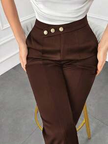 Pantalones elegantes de mujer con pierna recta, cintura suelta y detalles de botones para otoño/invierno - Café integral - Ver 8