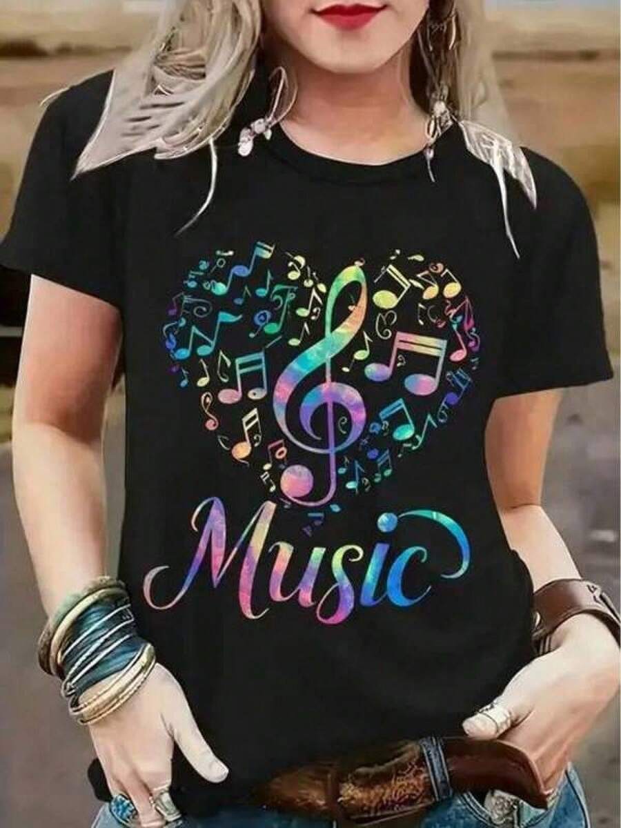 100% Algodón Premium 180g : Camiseta Casual de Diseño Musical con Estampado de Corazón y Notas para Amantes de la Música, Moda Juvenil y Urbano, Disponible en Negro, Gran Variedad de Tallas, Moda Juvenil y Urbana, Ideal para Conciertos y Eventos Musicales.. Ropa de Moda Casual Suave y Transpirable para Diario - Negro - Ver 1