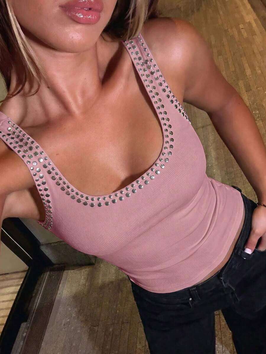 Blusa casual y versátil para uso diario con decoración de remaches para mujer de talla grande - Rosa vieja - Ver 1