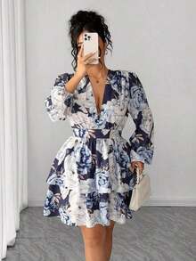 Vestido de mujer talla con cuello en V floral, mangas con pétalos y dobladillo con doble volante - Multicolor - Ver 4