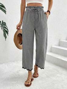 Pantalones casuales de mujer con cintura con cordón a cuadros - Blanco y Negro - Ver 2