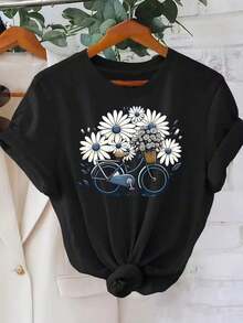 Women's Casual Short Sleeve T-Shirt - Floral And Bicycle Print, Breathable Spring/Summer Top, Nature Inspired Design, Regular Fit, Machine Washable - 黑色 - 查看 1