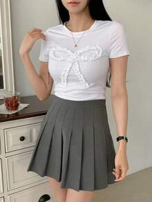 Camiseta ajustada de manga corta con cuello redondo, volantes y lazo, unicolor para mujer, crop top para mujer en Pascua - Blanco - Ver 7