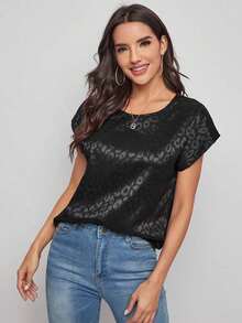 Clasi Top de manga murciélago de leopardo jacquard de satén - Negro - Ver 6