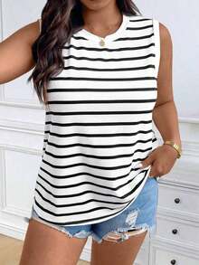 Chaleco sin mangas de mujer de talla grande, casual, de cuello redondo y con estampado de limón, de hombros anchos - Blanco y Negro 2 - Ver 4